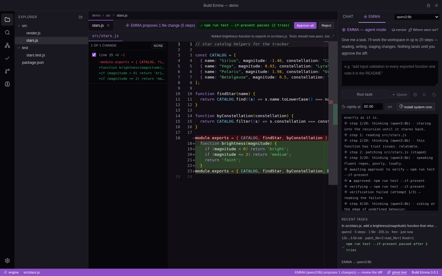EMMA proposing a change to src/stars.js: a new brightness function shown as a reviewable diff with a per-hunk checkbox, a green badge saying the project's tests pass after two tries, and Approve all / Reject buttons. Her log shows the first test run failing and her fixing it before the diff was shown.